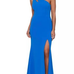 Xscape Blue Asymmetrical One-Shoulder Gown with Slit
